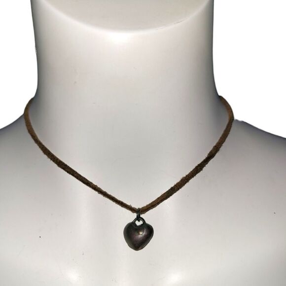 Silver Metallic Heart with Brown Leather and chain adjustable Necklace - Picture 1 of 4
